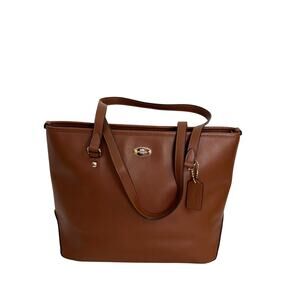Coach Leather Zip Top Tote Bag Women Size Medium City Travel Laptop Office Tan